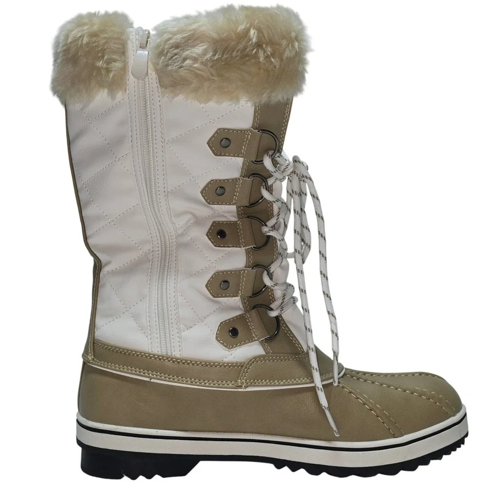 Dream Pairs River_1 Womens Snow Boots Khaki White 3M Thinsulate Faux Fur Size 10